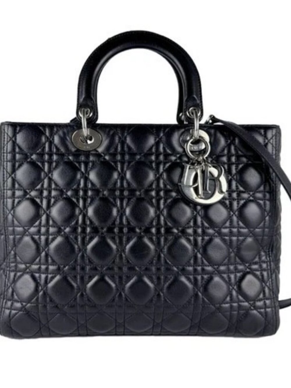 Auth Christian Dior Lady Dior Handbag Shoulder Bag Black/Silver Leather - z10917